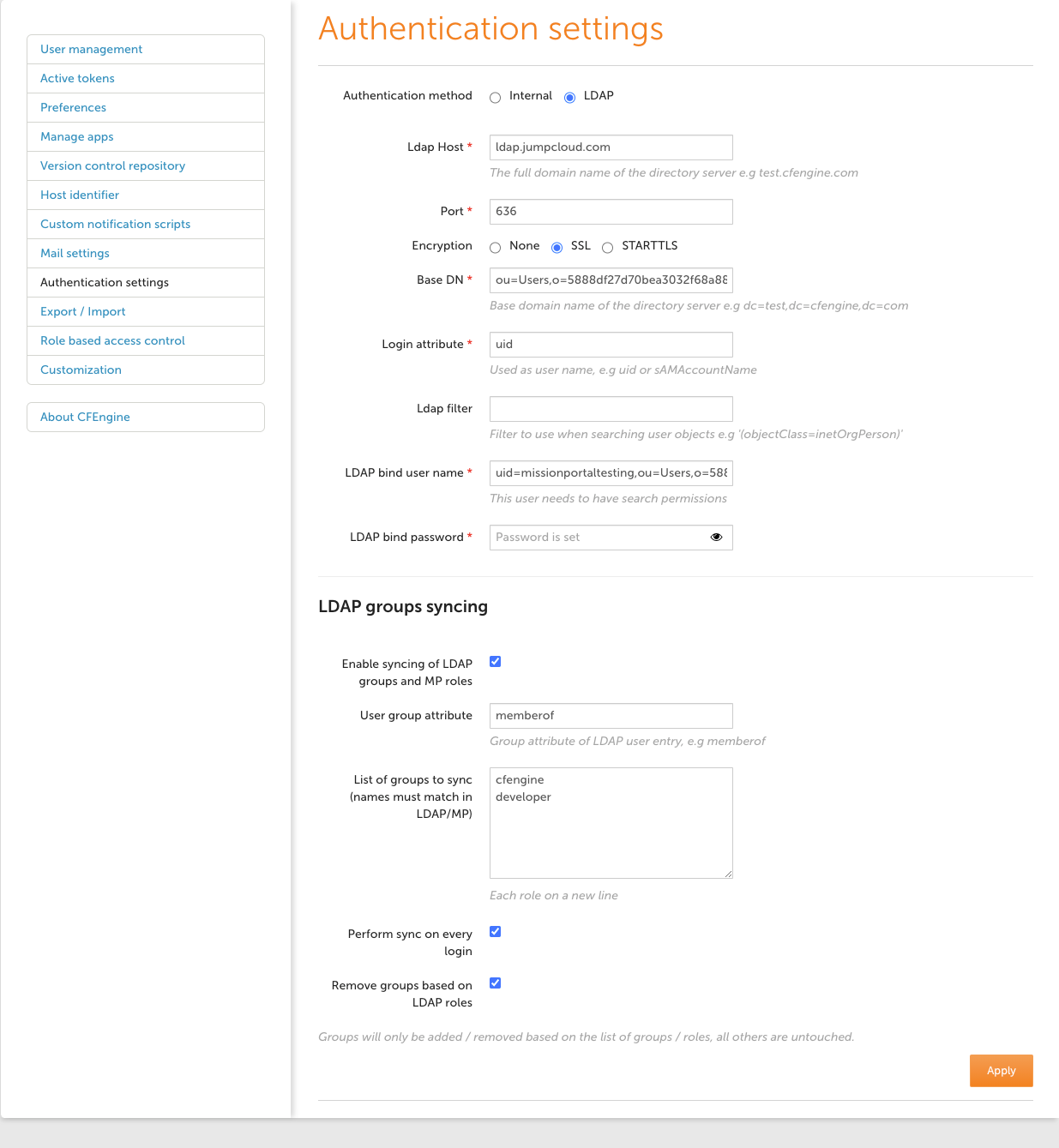 Authentication settings