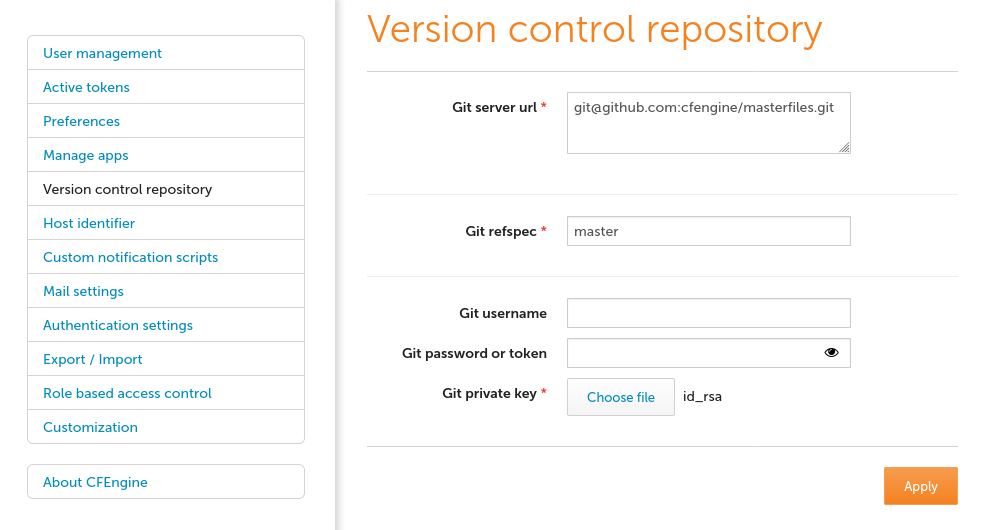 VCS settings screen