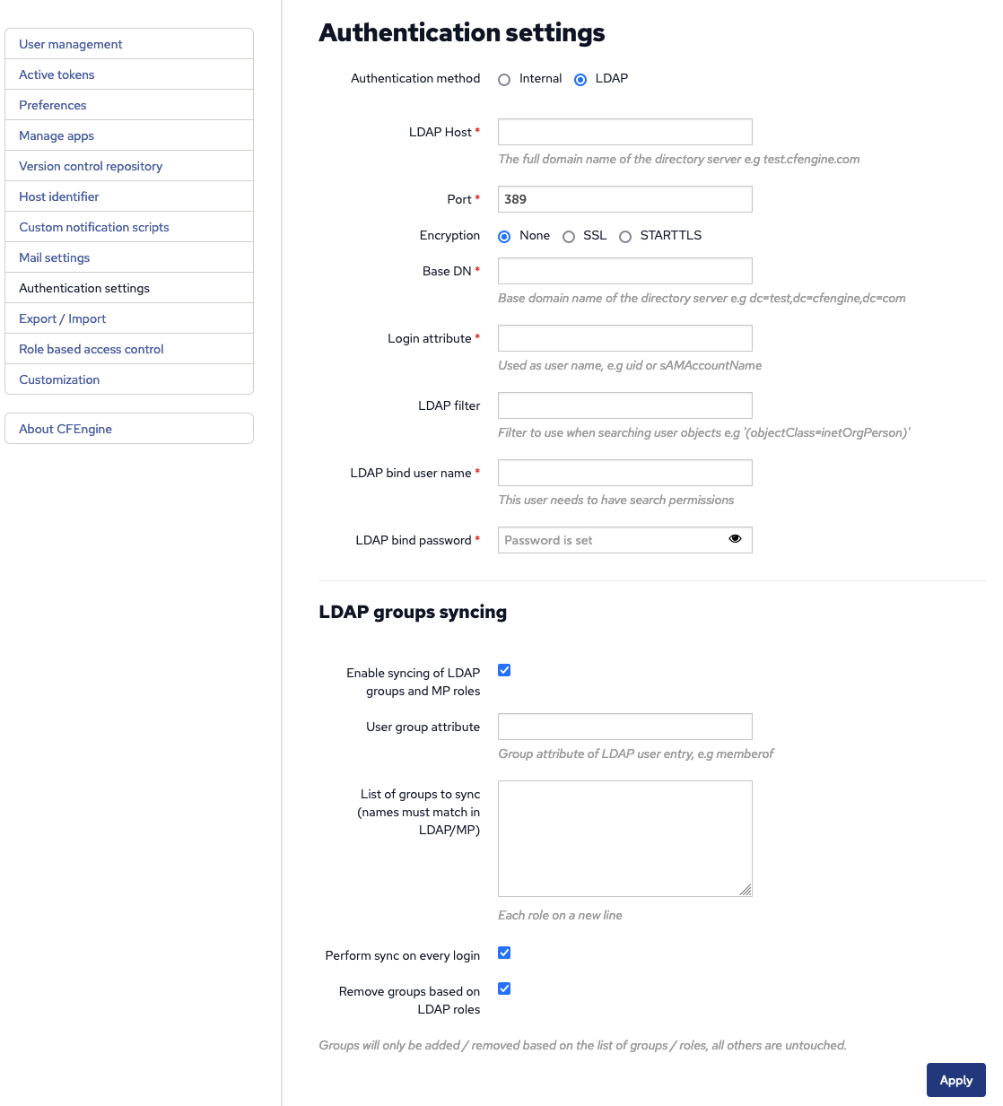 Authentication settings