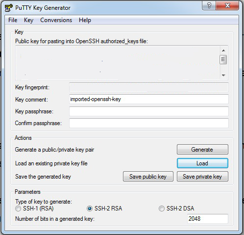 The PuTTYgen Key Generator Window; note  that the actual key and key fingerprint has been blanked out