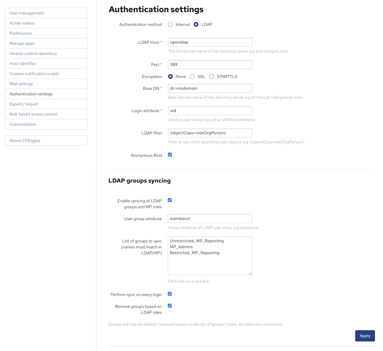 Authentication settings